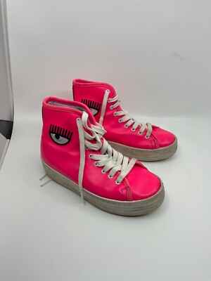 CHIARA FERRAGNI Pink  leather Sneakers Black Stars Size 2 UK 35 EU.   Used