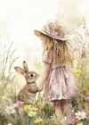 print ACEO Art Card Rabbit Girl Garden Flower Bunny Animal Limited Edition