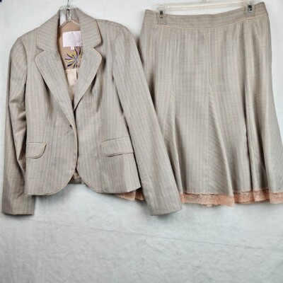 Rebecca Taylor 2-Piece Suit Set Size 4 Blazer Skirt Beige Pink Striped Lace Trim