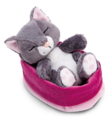 NICI Kuscheltier Sleeping Pets graue Katze 12cm im rosa Körbchen NICI GREEN