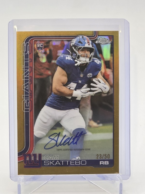 2025 Topps Chrome Autographs Cam Skattebo #RA-CS Gold Refractor /50 (AU, RC)
