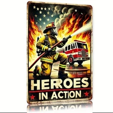 Retro Firefighter with Heroes in Action Tin Metal Signs Home Décor 8x12 