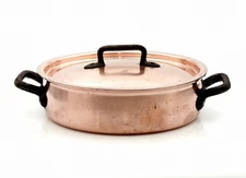 Vntg Matfer Bourgeat Copper #28/11" Brazier with Lid Double Handled 3.25" Deep
