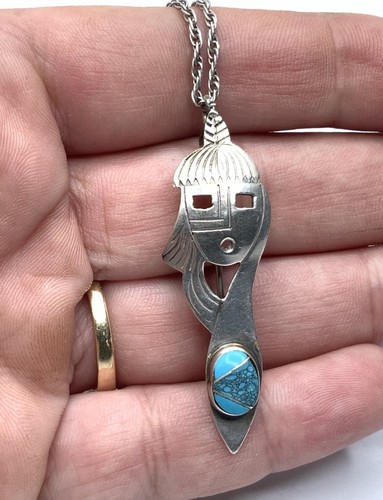 Navajo Jerry Johnson Sterling Silver Turquoise Figural Pendant 20.5” Necklace