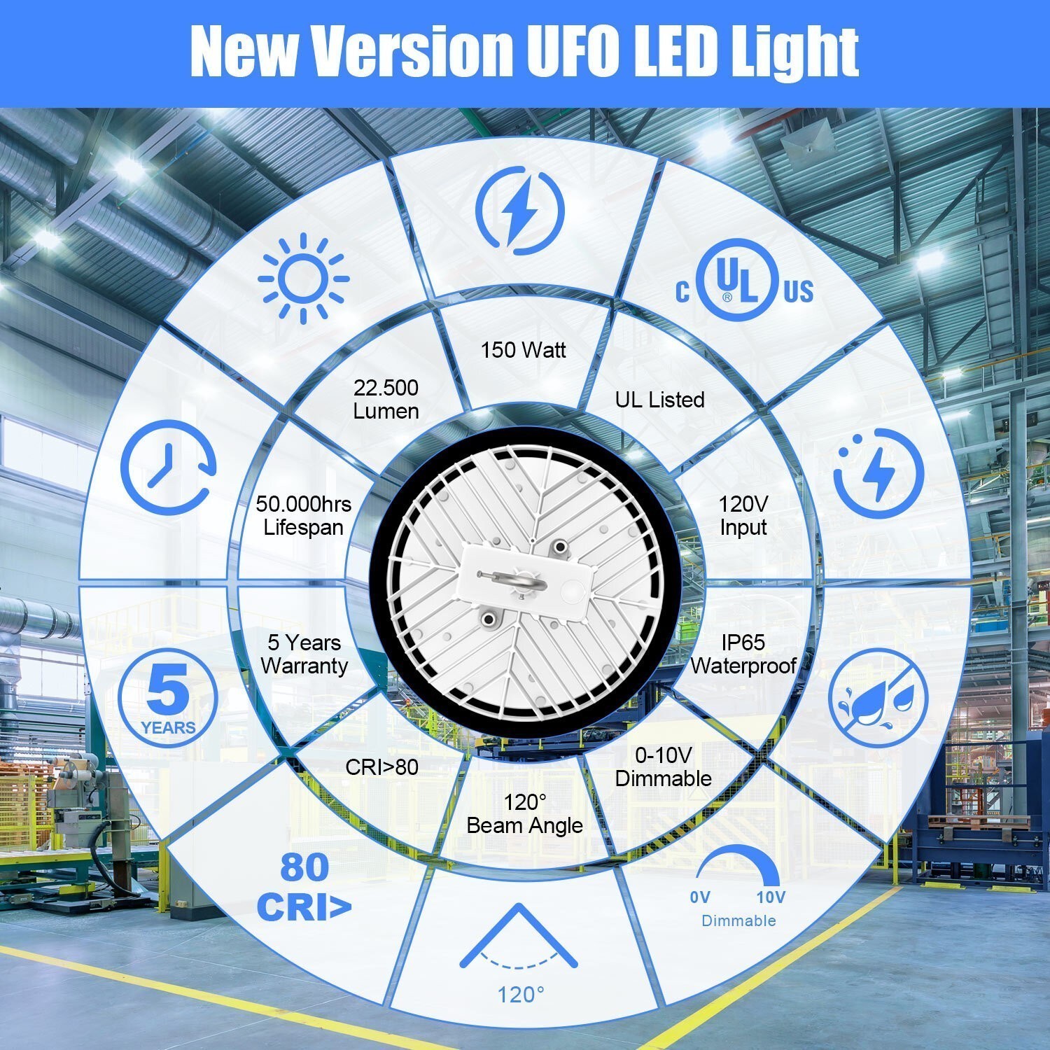 150W LED UFO High Bay Light -22500 Lumens Factory Barn Hanging Fixtures Dimmable