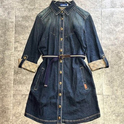 BURBERRY BLUE LABEL Denim Shirt Dress Nova Check Belted Women’s Sz 36