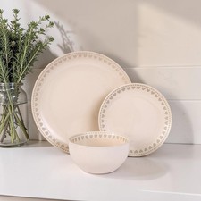 12Pc Dinner Set Heart Print Large Small Plates Bowls 100% Stoneware Kitchen NG