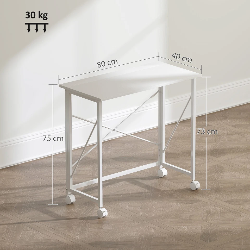 HOMCOM Folding Desk on Wheels, Writing Table for Home Office, White - Image 3 of 4