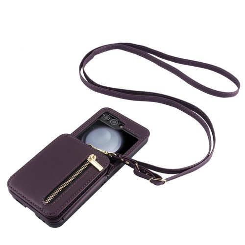 For Samsung Galaxy Z Flip 6 5 4 3 Leather Flip Wallet Case Crossbody Strap Cover - 第 13/15 張圖片