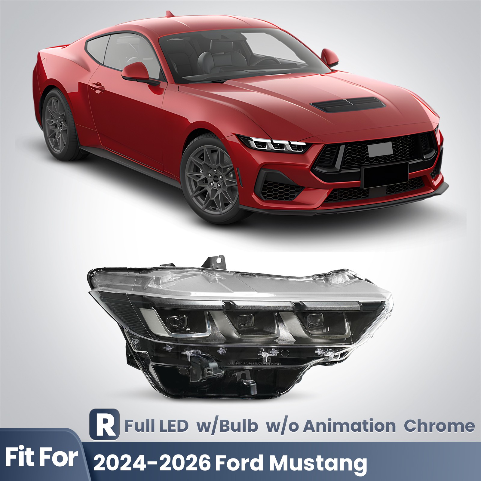 For 2024-2026 Ford Mustang Full LED Headlight Chrome Right Passenger Side w/Bulb