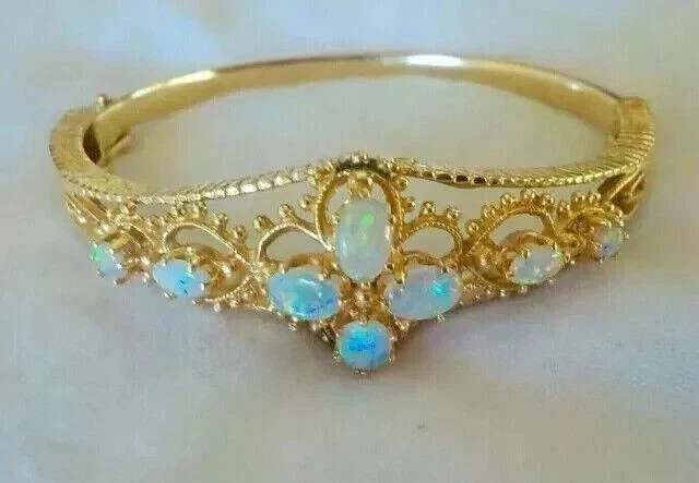 3.25Ct Oval Cut Natural Fire Opal Bangle Bracelet 14K Yellow Gold Plated Silver - Image 3 of 4
