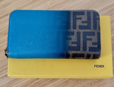 FENDI Ombre Zucca Zip Around Wallet Clutch Purse Turquoise and Light Gold