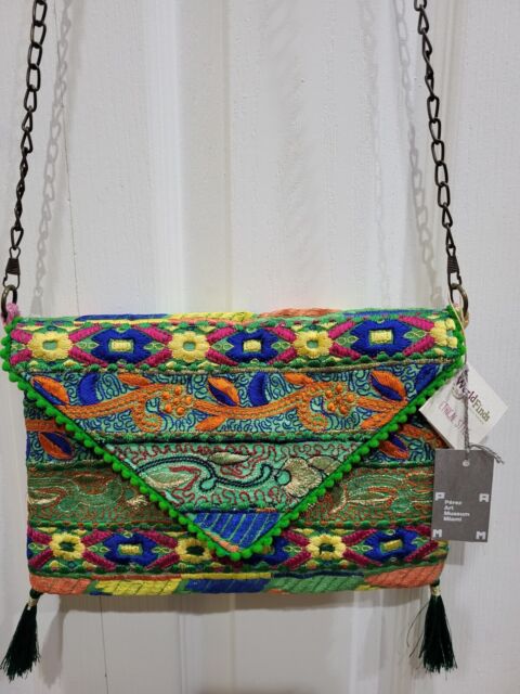 Clutch purse crossbody Worldfinds Phulkari pretty colorful embroidered green NWT Clutch purse crossbody Worldfinds Phulkari pretty colorful embroidered green NWT