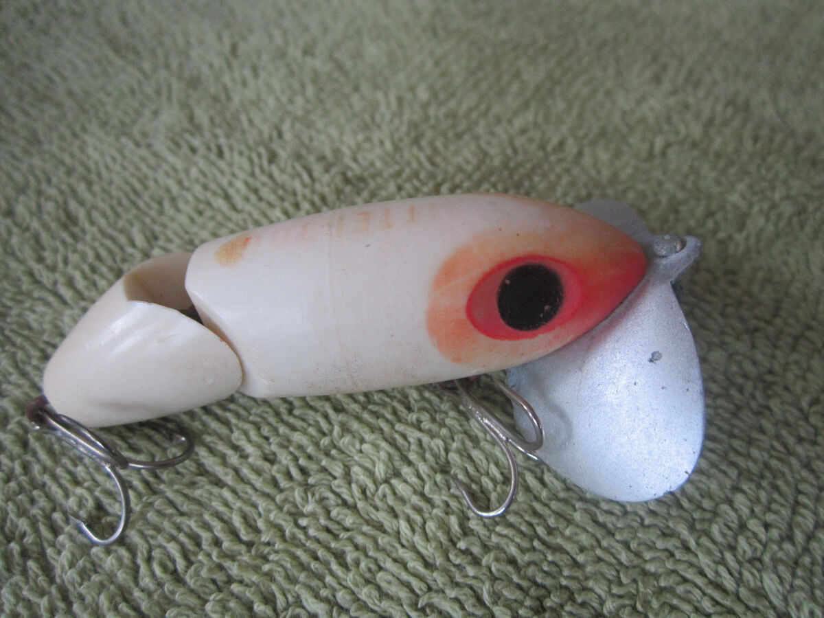 Old FRED ARBOGAST MUSKY JOINTED JITTERBUG LURE BAIT WHITE RED/PINK AKRON  OHIO v