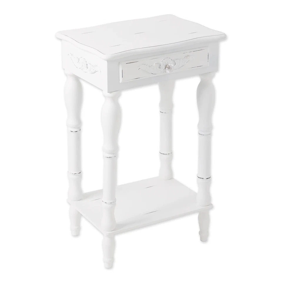 Carved White Side Table Distressed Antiqued Finish Drawer Display Shelf 28" Tall - Image 3 of 4