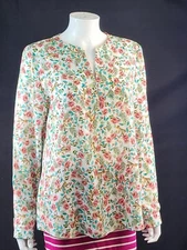 Paraphase Pink Teal Floral Tiger Print Blouse Size Large 14/40 100% Polyester
