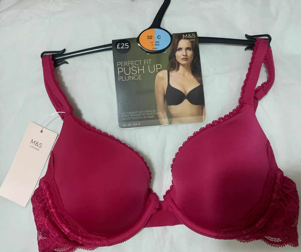 ex M&S PERFECT FIT UNDERWIRED PLUNGE PUSH UP Bra With MEMORY FOAM CHERRY  RED 32C