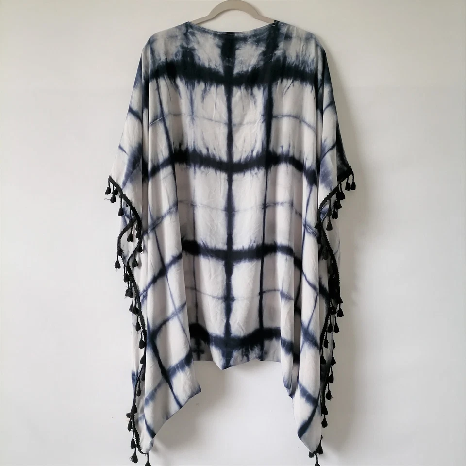 Blusa kimono poncho seda tie dye azul y blanco Elevenses para mujer talla única Foto 4 de 4