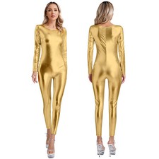 Womens Metallic Shiny Unitard Dancewear One Piece Long Sleeve Bodysuit Jumpsuit