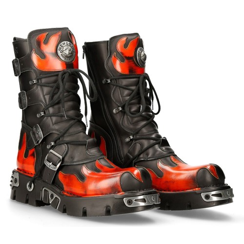 Nuevas Botas Rock 591-S1 Llama Roja Metal Negro Cuero Pesado Punk | eBay