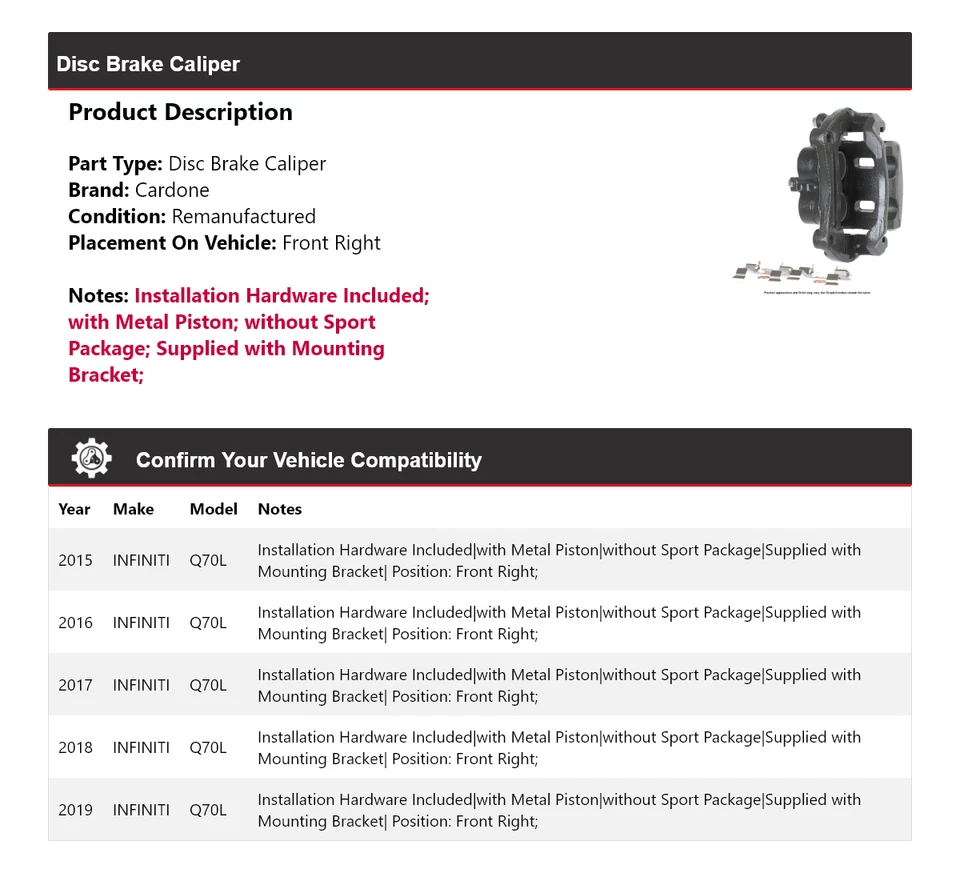 适用于 2015 - 2019 年 INFINITI Q70L 盘式制动卡钳前右 Cardone 2016 2017 — 第 2/4 张图片