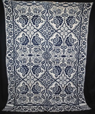 ANTIQUE 1852 OHIO COVERLET, BLUE AND WHITE, WEAVER WILLIAM H. VAN GORDON