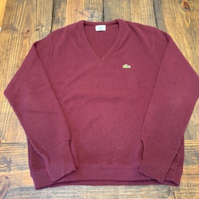 Vintage Izod Lacoste Mens V-Neck Sweater Burgundy Orlon Acrylic Large USA Made