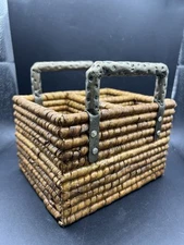 Wicker Wrapped Basket Caddy Hammered Brass Handles Utensil Holder Vintage
