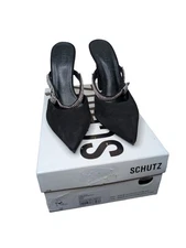 Schutz Pearl Curve Mule Pumps Black Nubuck Suede Crystal Strap Women’s 9B
