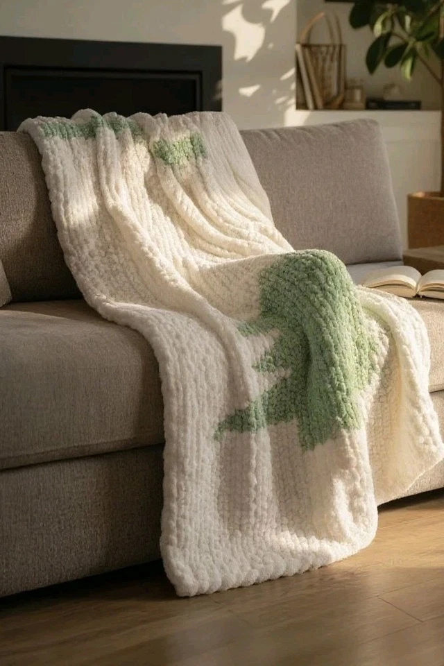 Manta de árbol de Navidad de felpa gruesa hecha a mano de Navidad verde menta y blanco Foto 3 de 4