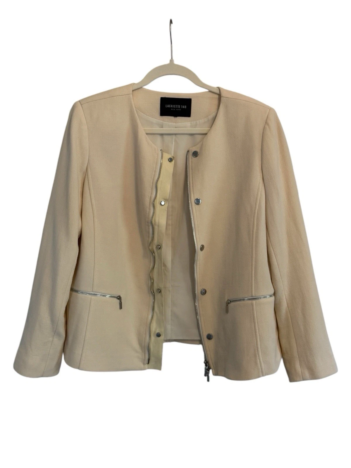 Lafayette 148 New York | Cream Ivory Wool Leather Zip Button Jacket Size XL