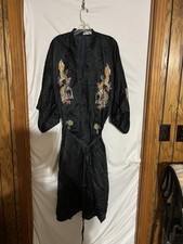 Vintage Kimono Silk Robe Size M Silver Osmanthus Hand Embroidered Black Dragon