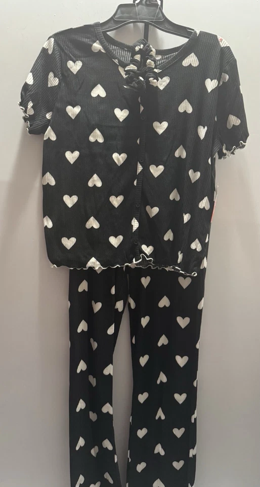 Conjunto de pijama Wonder Nation Girls (3) piezas acanaladas nuevo con etiquetas S (6-6X) más corazones negros abotonados Foto 2 de 4