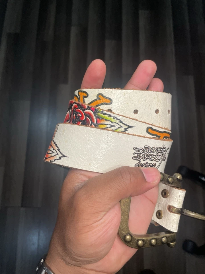 Ed Hardy Christian Audigier White Tattoo Roses Leather Belt EH3202 Sz L Vtg 90s - Image 4 of 4