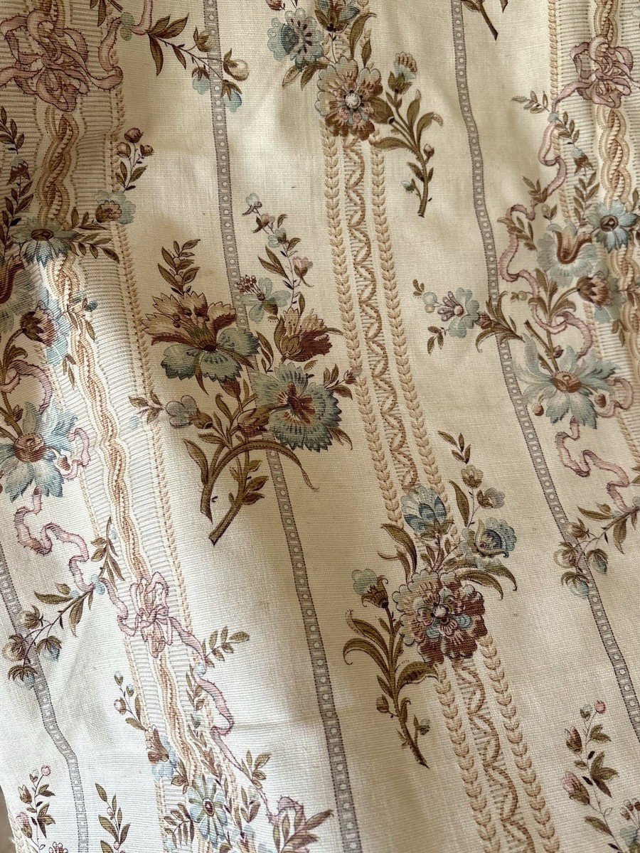 Antique French Circa 1900 Floral Cotton Fabric ~Blue Tan Brown