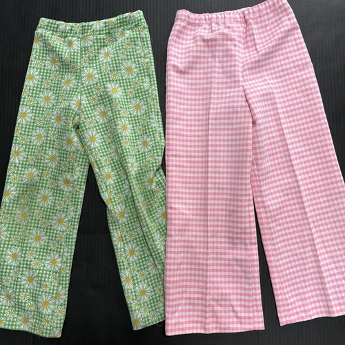 VTG Girls 60-70’s Pants Lot Healthtex 6x Green Daisy + Pink Gingham  Spring