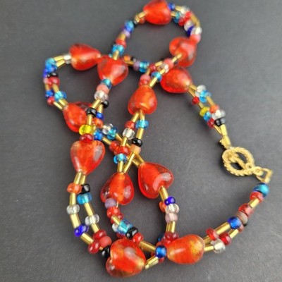 Red Glass Heart Multicolor Glass Bead Necklace 20''