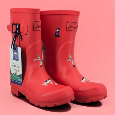 New Joules Rain Boots Mid Calf Molly Welly Print Hike Dogs Red Size US:  UK: