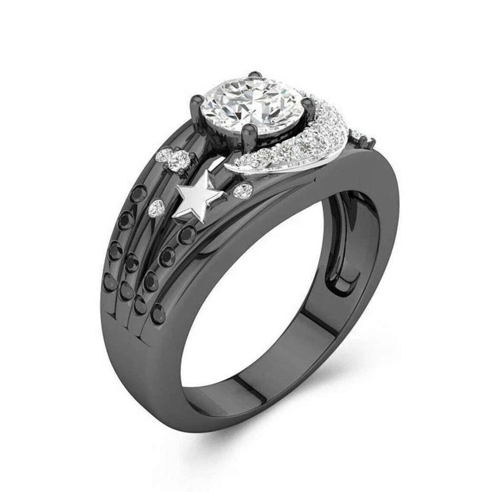 Moon Star For Gothic Her Lab created Diamond Wedding 14K White Gold Finish Ring - Image 3 of 4