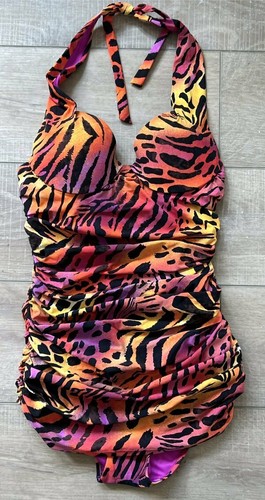 NATORI KOKO ANIMAL PRINT PUSH UP PLUNGE ONE PIECE RUCHED HALTER SWIMSUIT 8 B/C - Picture 7 of 10