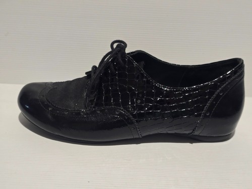 ZIERA Black Croc Patent Leather Size 38.5 Wingtip Oxford Shoes Brogue - Picture 9 of 14