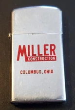 VINTAGE 1972 ZIPPO ADVERTISING LIGHTER MILLER CONSTRUCTION CO. SLIM LINE