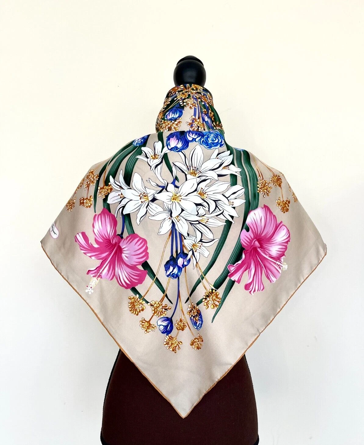 Display #2 Unisex Salvatore Ferragamo Scarf Floral Garden Beige Pink Silk Wrap