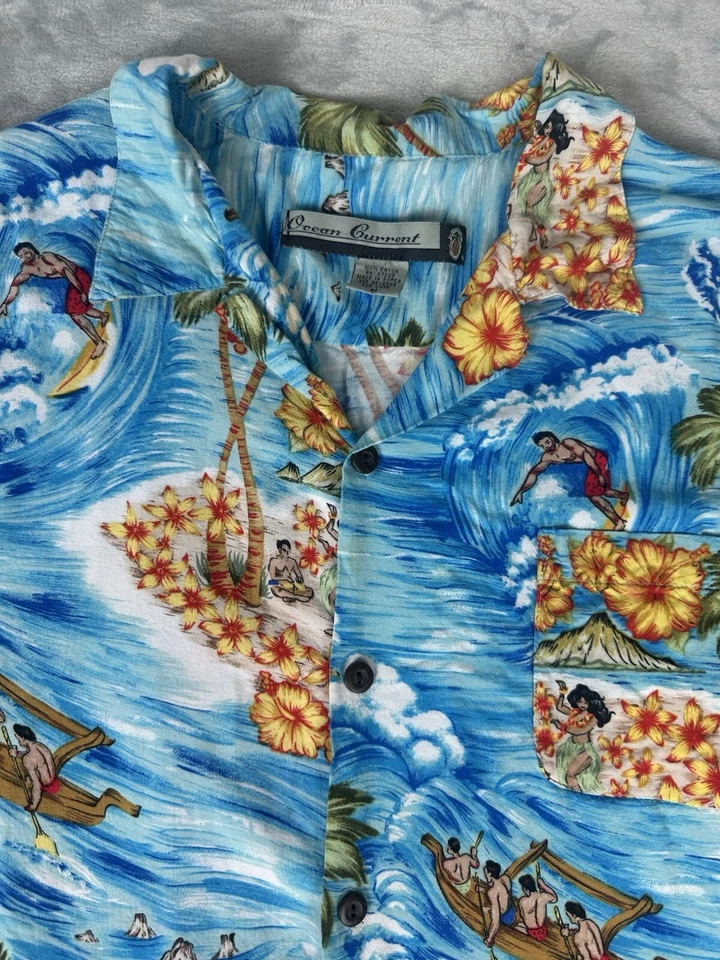 Vintage Ocean Current Hawaiian Shirt Mens M Hula Girl Surfer Beach Floral Rayon - Image 2 of 4
