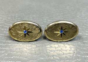 Authentic Vintage Brushed Finish Gypsy Set Blue Stone Yellow Gold Plated Cuff Links