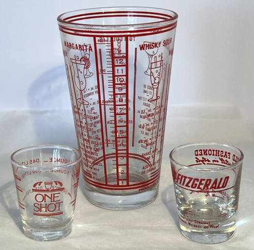 VTG COCKTAIL SHAKER GLASS W/RECIPES AND 2 SHOT GLASSES CLEAR W/RED PRINT - Picture 1 of 12