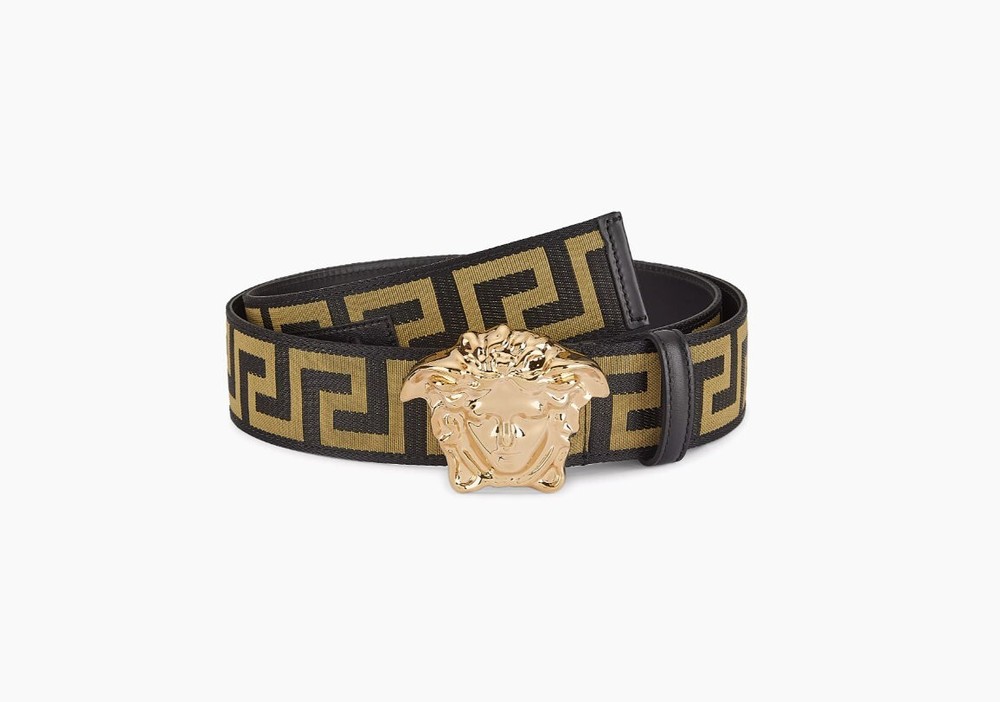 $595 NWT  Versace Men's Black & Gold Medusa/Greek Key Web Belt Size 30 & 36