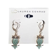 LC Lauren Conrad Women's  Gold Plated Enamel Owl Lever Back Dangle Earrings NWT