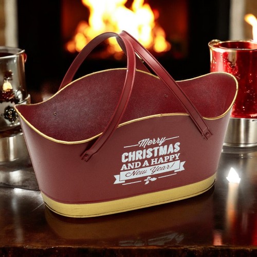 Merry Christmas & Happy New Year Metal Tin Trug Planter with Holder FestiveDecor - Picture 7 of 8