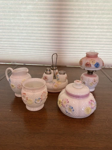 ANTIQUE EAPG Consolidated Glass Co. COSMOS Milk Glass Floral Dish SET (8)